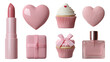 © Malika - Pink Makeup and Sweets Collection with Heart Shapes and Cupcakes on Transparent Background