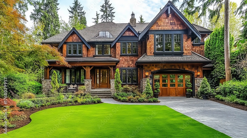 Elegant luxury home exterior with cedar shingle siding and garden ...