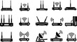 © VectoBloom - Wireless router modem satellite dish server icons, internet connection technology devices, WiFi signal equipment, communication hardware, cad drawing flat vector illustration