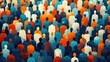 © Milana - Abstract crowd of faceless people depicted in bold orange, teal, white, and brown colors creating a pattern of standing figures viewed from behind