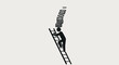 © Yusuf - Silhouette of a person climbing a ladder with a stack of coins balanced on their head.