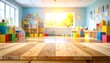 © Hamky - Empty Wooden Table in Sunny Kindergarten Classroom with Toys