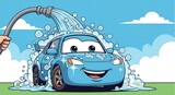 Animated cartoon car washes, smiling, being soaped under water stream