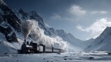 Vintage steam locomotive travels through a vast, snow-covered mountain pass emitting plumes of white smoke