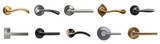Collection of ten modern door handles in various styles and finishes including gold, silver, black and brass, isolated on transparent background