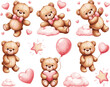 © Najmul - Cute teddy bear illustration set with pink hearts, balloons, clouds, and stars, adorable cartoon design for children and nursery decor
