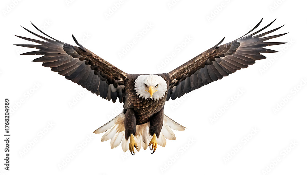 bald eagle spreading wings in the sky, isolated on white background ...