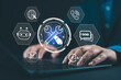 © Nirusmee - IT support and digital tools concept. Person using laptop with glowing wrench and screwdriver, representing system maintenance, tech service, customer support, and online troubleshooting in business