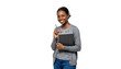 © Shazaib - Young african american woman smiling, holding a pen and a notebook, on a white background, cutout