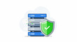 © Dimas Bayu - Digital data security concept illustration featuring server racks protected by a green shield, symbolizing robust network infrastructure defense and reliable cloud computing safety