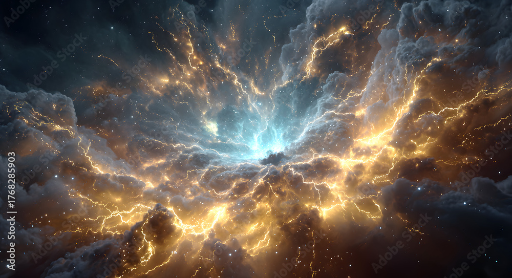 Explosion of yellow lightning bolts radiating from a central blue point ...