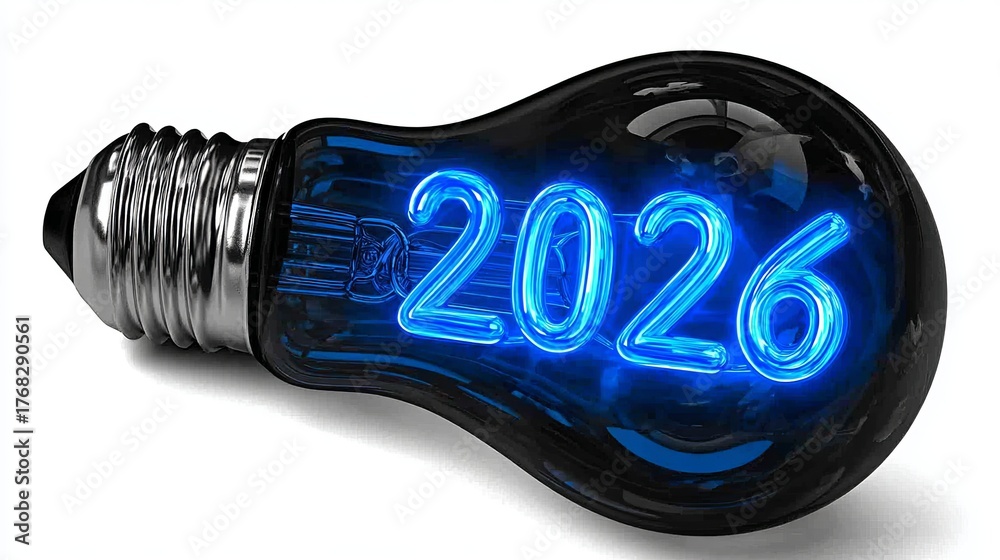 Bright ideas for the year 2026 featuring a glowing blue light bulb ...