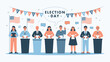 © taswar786 - Diverse citizens casting votes on Election Day, standing proudly with American flags and patriotic bunting, symbolizing democracy and civic duty with vector art