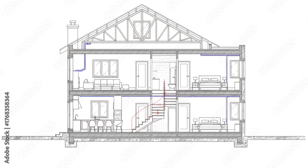 Indicative Utility Element Layout Detailed vector architectural cross-section of a modern two-story house ...