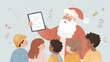 © CYBERPINK - Illustration of santa claus holding a tablet with a list of items on it. he is standing in front of a group of children, all of whom are looking at him attentively.