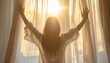 © Marcelino Victor M - Woman opening curtains to sunny morning light — fresh start and positive energy
