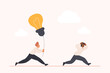 © lembergvector - Share bad idea, wrong information and tips, troubles of business communication in negotiation. Tiny employee holding light bulb and running after colleague to catch up cartoon vector illustration