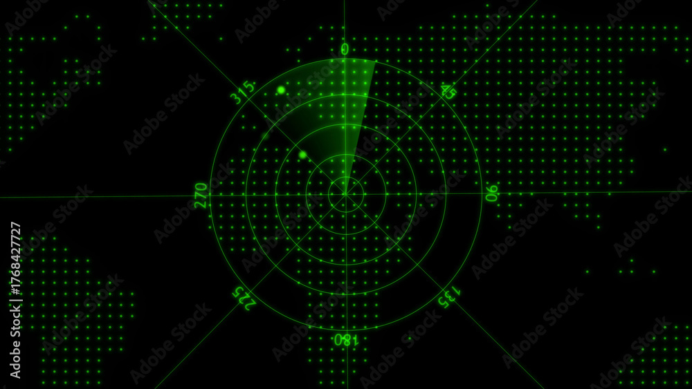 Green radar screen with world map overlay showing two targets and a ...