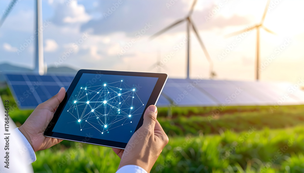 Tablet Using Solar Panel Hands holding tablet displaying connection network near wind turbines ...
