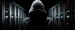 © AGI Studio - A mysterious figure in a hooded sweatshirt stands in a dark server room, surrounded by illuminated data storage units.