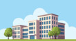 © Lucas - Cartoon illustration of a modern school or university campus building with green grass and trees under a blue sky.