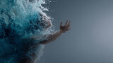 Abstract visual of person body underwater in fluid motion. Blue water splashes around reaching arm, creating beautiful dramatic feeling