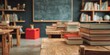 © kwanchaift - Empty classroom with chalkboard, wooden table, stacks of books, and red container creating a serene and organized educational environment for learning