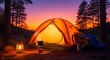 © saif sakib - Illuminated tent glows warmly at dusk in the forest, inviting campers to relax and unwind