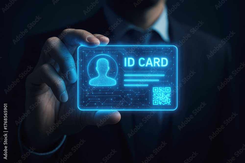 Man holding a glowing blue digital ID card with QR code and profile ...