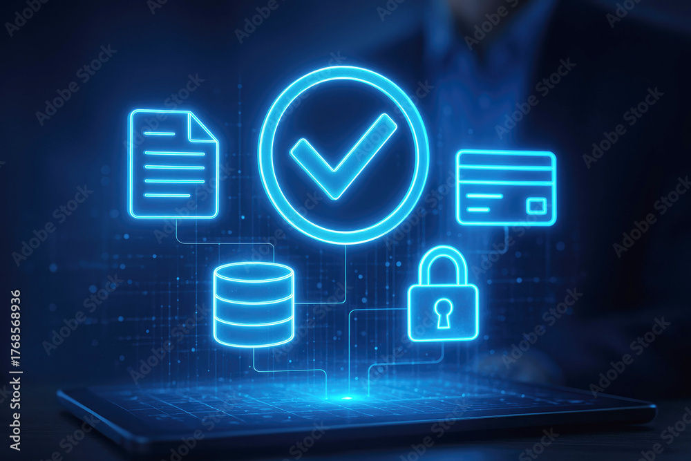 Tablet displaying digital icons for data, checkmark, credit card, and ...