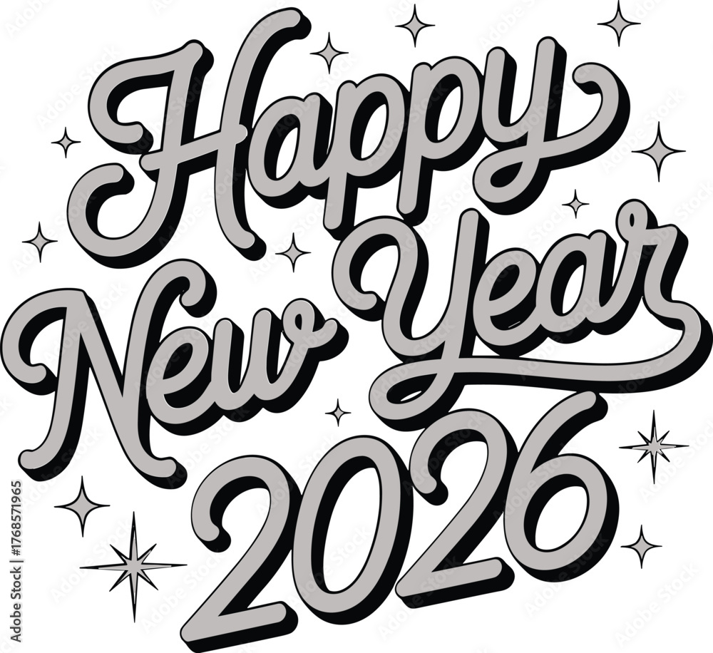 Happy New Year 2026 Script Font with Shading and Stars on Transparent ...