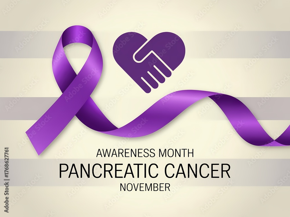 Purple ribbon and heart symbol representing pancreatic cancer awareness ...