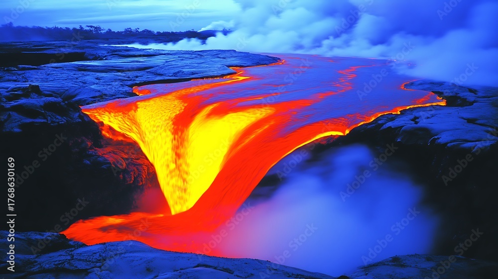 Fiery lava flow into ocean volcanic eruption glowing molten rock steam ...