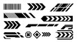 © Argent - Set of isolated black and white futuristic graphics. Includes arrows, barcode, and abstract geometric shapes for techwear, esports, and racing decals.