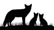 © hsn - Silhouette of a coyote family including mother and two cubs standing in grass against a white background