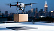 © Netsai - Delivery drone hovering above a landing pad with a package, set against a dark metropolitan skyline.