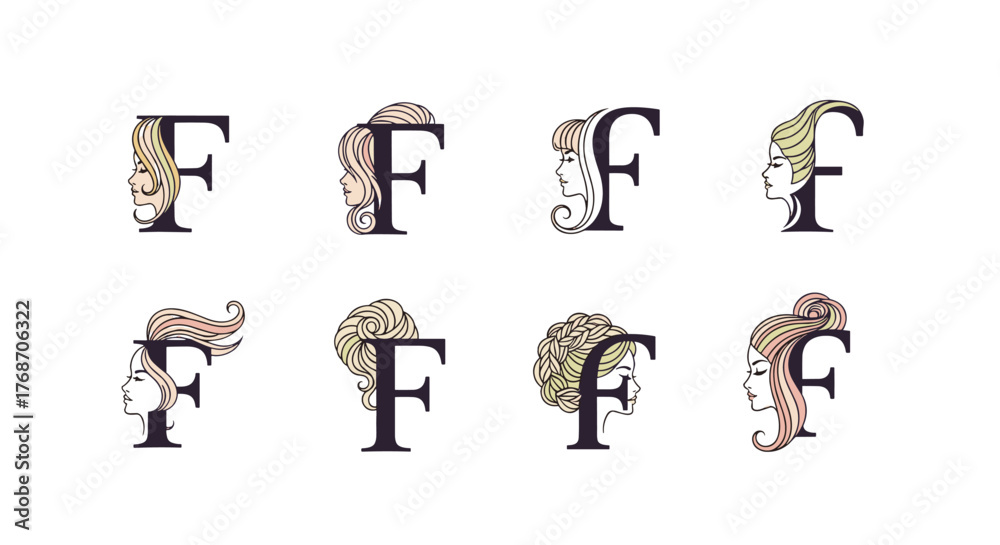 Elegant Monogram 'F' Designs Featuring Stylized Female Profiles and ...