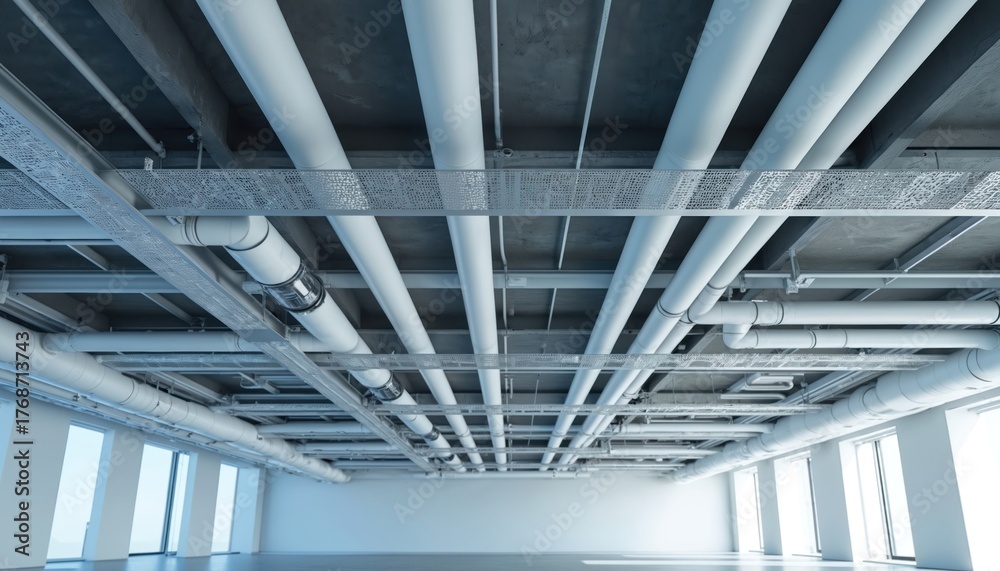 White pipes and cables run across concrete ceiling in modern building ...