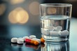 © Volodymur - White and red orange pills are displayed on a shiny surface, with some medicine placed inside a glass of clear drinking water.