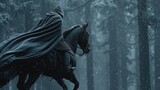Mysterious hooded rider on horseback in snowy enchanted forest