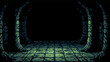 © marruu - Pixel art dungeon corridor with tiled floor and stone archways. Retro video game background for adventure or fantasy setting. Y2k digital graphic concept.