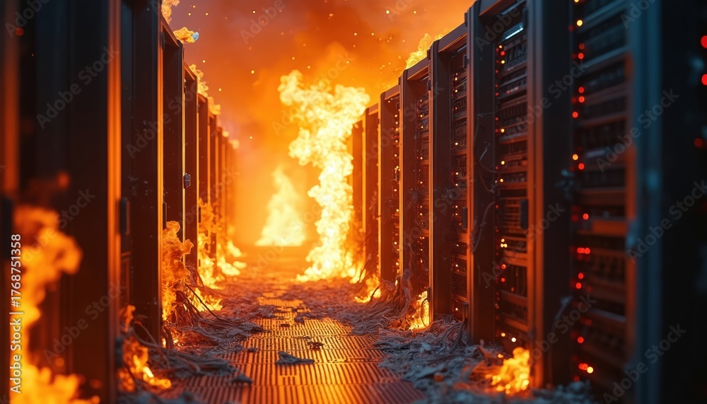 Server room on fire. Burning computer racks with flames and smoke. Data ...