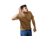 © Ivi - Powerlightss - Young man trying to hear something placing hand on ear on white background. PNG