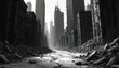 © Maryna - Post apocalyptic city street with ruined buildings and debris. Destroyed urban landscape, eerie atmosphere, black and white comic art style. No people visible in the desolate scene.
