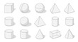 © Maple - Collection of basic geometric 3D shapes including cubes, spheres, cylinders, pyramids, cones, and rectangular prisms, presented in a clean, minimalist isometric view against a black background