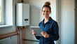 © Maryna - Pro female plumber smiles, holds tablet in home. Stands near modern water heater, copper pipes, window. Woman provides service, shows expertise, uses tech for repair, maintenance work. Happy