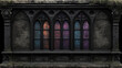 © Another Galaxy - Gothic stained glass windows glowing with vibrant colors in a weathered dark stone wall, aged and moss-covered architectural detail.