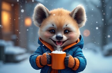  Cute cartoon fox pup wears warm blue winter jacket, mittens. Smiles widely, holding orange mug with steaming hot drink. Snow falls gently around happy animal, enjoying cozy cold weather outside for