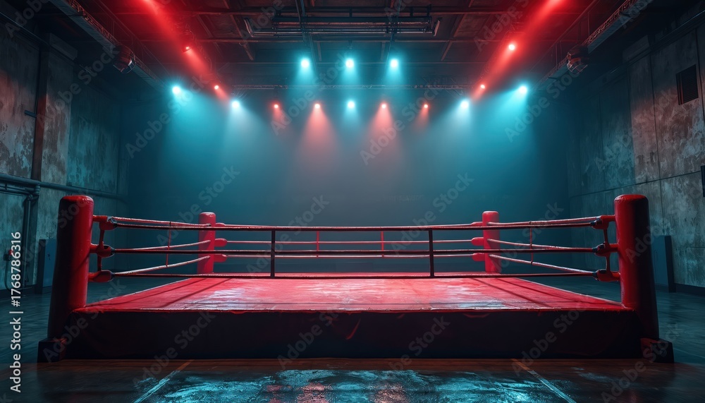 Boxing Rink Dramatic Ilustración de Stock Dramatic photo of boxing ring with red and blue ...