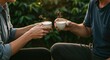 © logitech - Two People Toasting with Steaming Coffee Cups in Lush Greenery, Warm Light